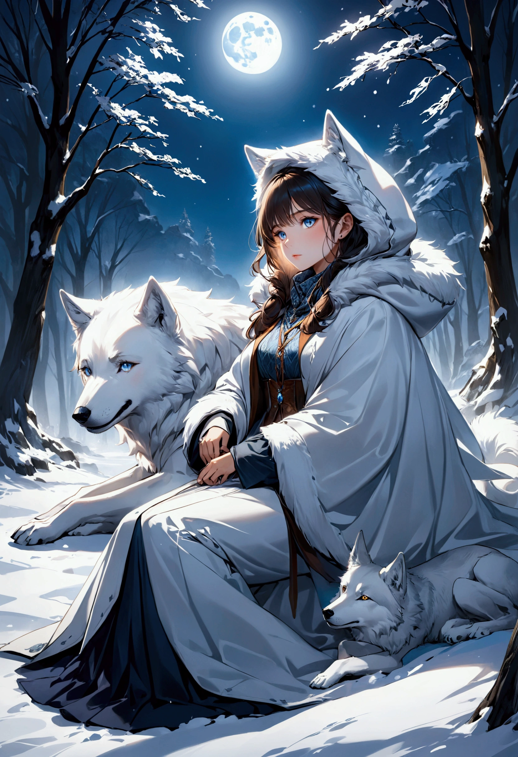 An award-winning digital masterpiece, capturing a very pretty female exotic hunter in a moment of serene relaxation under the soft glow of an ethereal full moon. Dressed in an exquisite white wolf-skin coat with a fur-lined hood, she exudes both elegance and strength, her coat blending seamlessly with the snow-covered wilderness around her. She rests her hand on an old-world rifle, its antique craftsmanship adding a sense of history and tradition to her persona.

Beside her sits her loyal companion, a majestic white dire wolf, its massive form illuminated by the moonlight. The dire wolf, with its powerful build and shimmering white fur, lounges calmly by her side, its piercing eyes reflecting the tranquil beauty of the night. The bond between them is palpable, as they share this rare moment of peace amidst the wild, their companionship unspoken but deeply felt.

The ethereal full moon casts a soft, glowing light across the scene, creating long shadows that dance across the snow. The surrounding landscape, with frost-covered trees and a blanket of snow, enhances the tranquil atmosphere, while delicate mist swirls around them, adding an otherworldly quality. The moonlight reflects off the hunter’s coat and the dire wolf’s fur, highlighting their regal presence in the wilderness.

The composition is a perfect blend of beauty, power, and serenity, with the hunter and her dire wolf sharing a quiet, intimate moment under the moon’s gentle glow. The intricate details of the old-world rifle, the wolf-skin coat, and the mystical landscape create a visually stunning portrayal of a hunter deeply connected to both her past and her loyal companion.