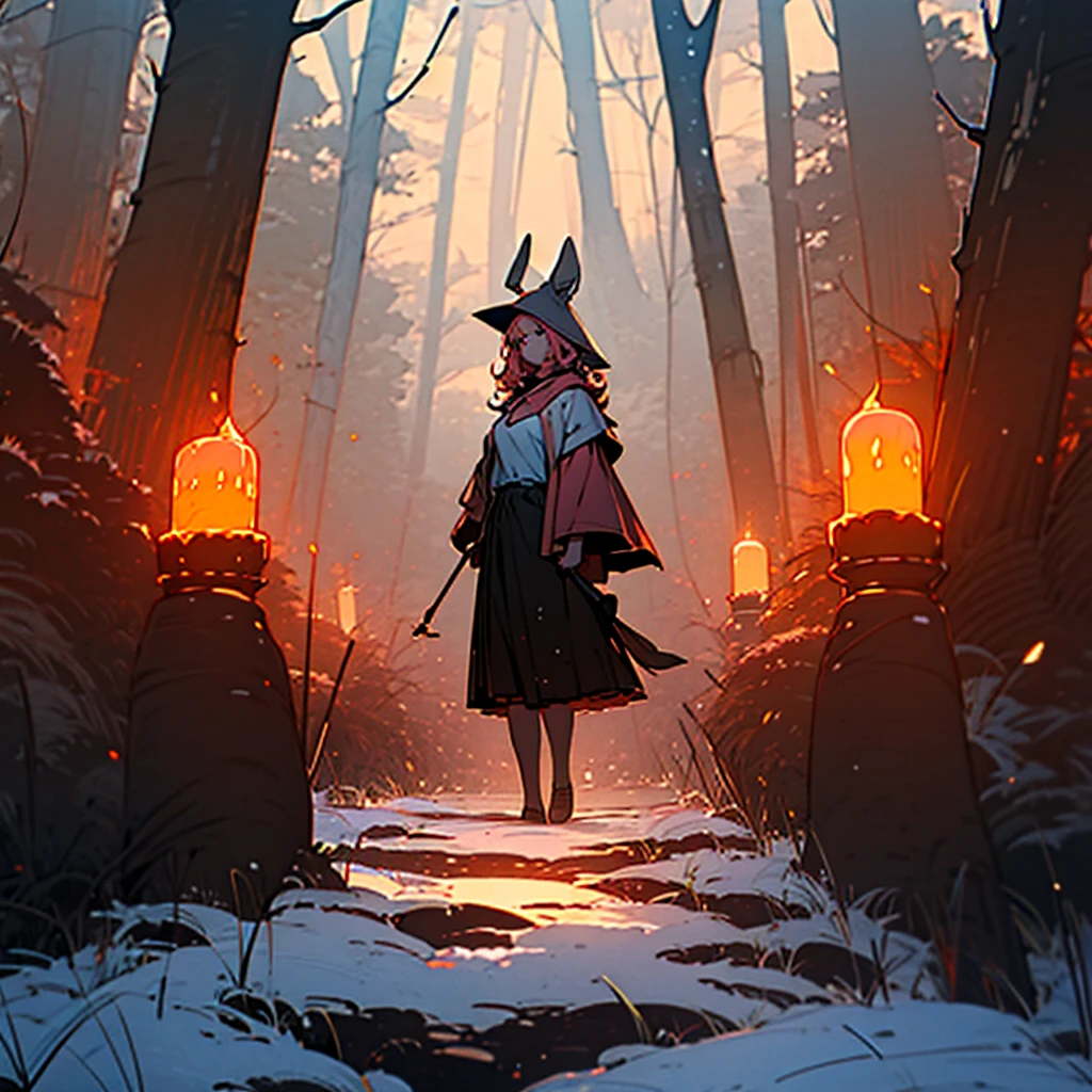 young girl, one girl, emphasis on the face, pink hair, rabbit ears drooping down, loose white t-shirt, black skirt, Checker, pink hair, witch hat, Medium curly hair, ears are not visible, mysterious forest, A lot of trees, without buildings, Grey sky, soft lighting, contrasting colors, autumn atmosphere, lots of orange, a lot of yellow, pumpkins in the background, candles on the background, clear details, composition with leva, clear quality, No people in the background, Background only, elaborate backdrop