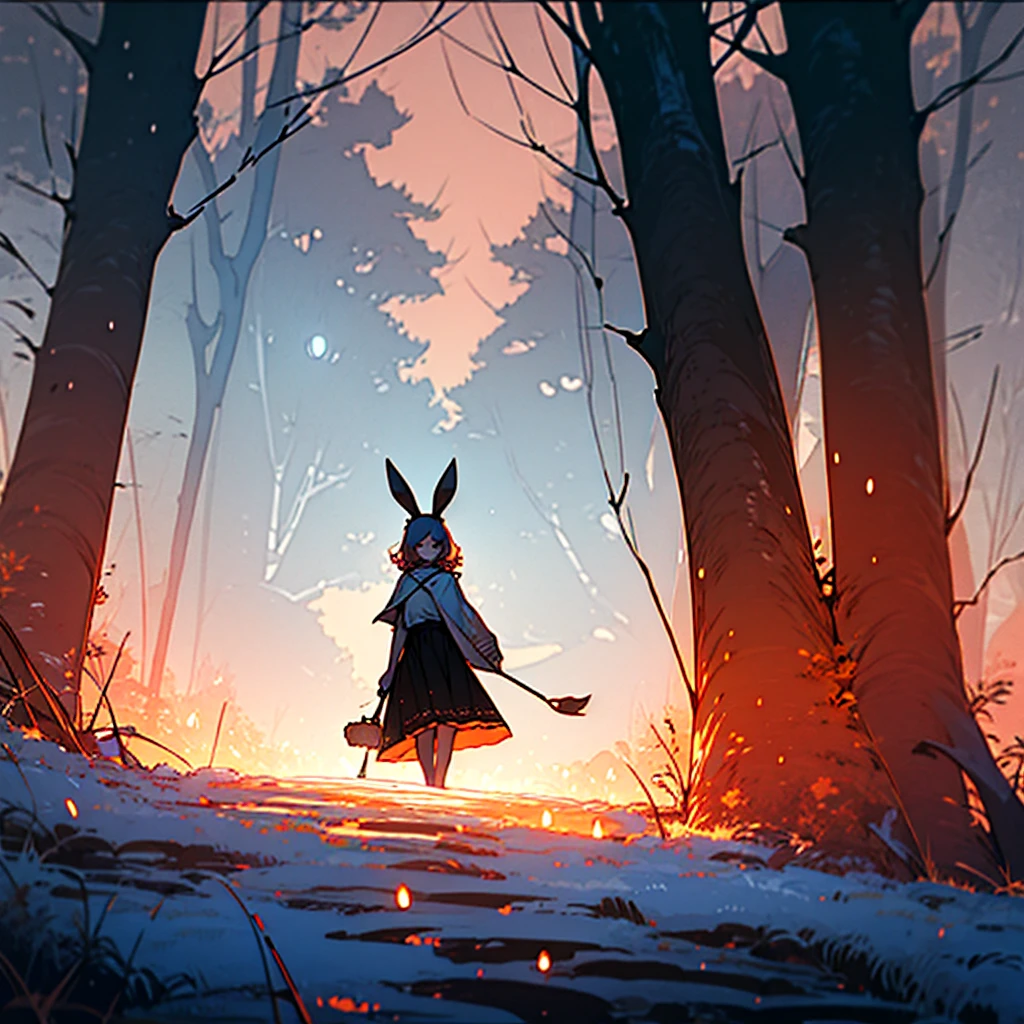 young girl, one girl, emphasis on the face, pink hair, rabbit ears drooping down, loose white t-shirt, black skirt, Checker, pink hair, witch hat, Medium curly hair, ears are not visible, mysterious forest, A lot of trees, without buildings, Grey sky, soft lighting, contrasting colors, autumn atmosphere, lots of orange, a lot of yellow, pumpkins in the background, candles on the background, clear details, composition with leva, clear quality, No people in the background, Background only, elaborate backdrop