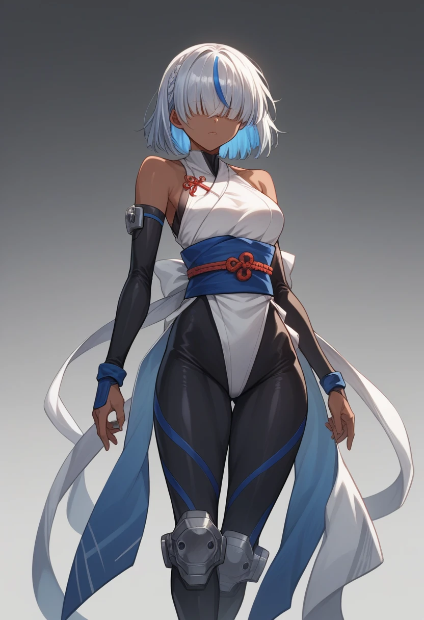 ninja,kunoichi,dark skin,bodysuit,bare shoulders,obi,white and black china bodysuit,fullbody,
[black hair:Silver bangs:0.1],gleaming,around blue highlights, silver colored tips , gradient blue hair, shiny blue streaked hair:0.5, hair over eyes , french braid ,  open stance ,  simple background,dynamic light,dramatic shadow, ,gamecg, ,core_9, score_8_up, score_7_up, score_6_up, score_5_up, score_4_up, source anime,