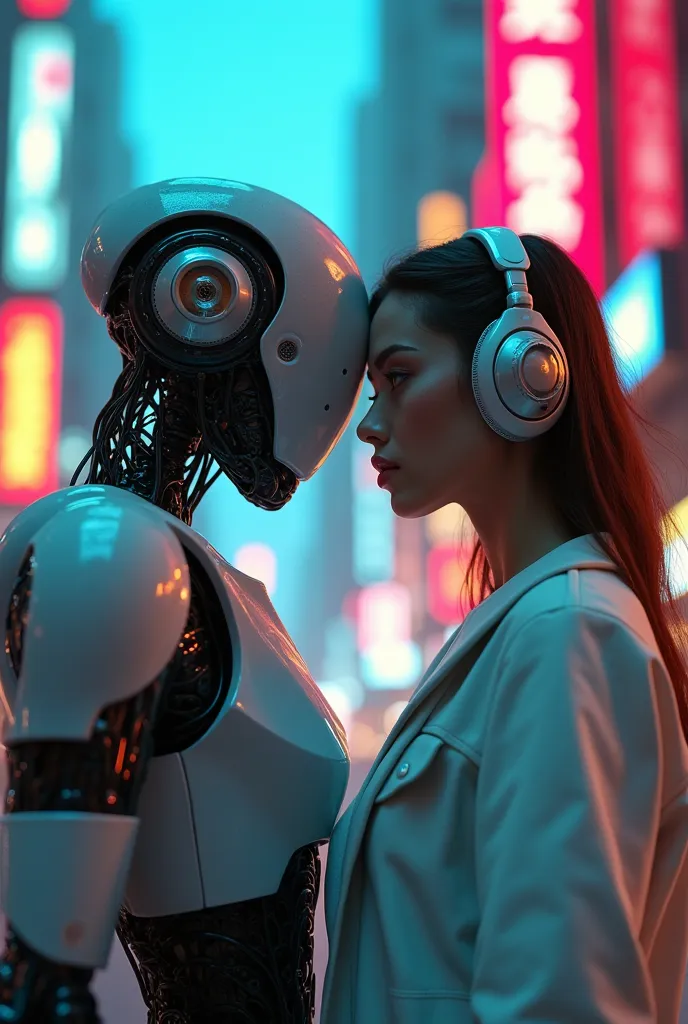 a woman wearing headphones standing next to a robot, cyberpunk art by Jason A, wide angle, society, retro-futurism, Ilya Kuvshinov, sci-fi, futuristic, vibrant, photorealistic, realistic, dramatic, cinematic lighting, sharp focus, 8K