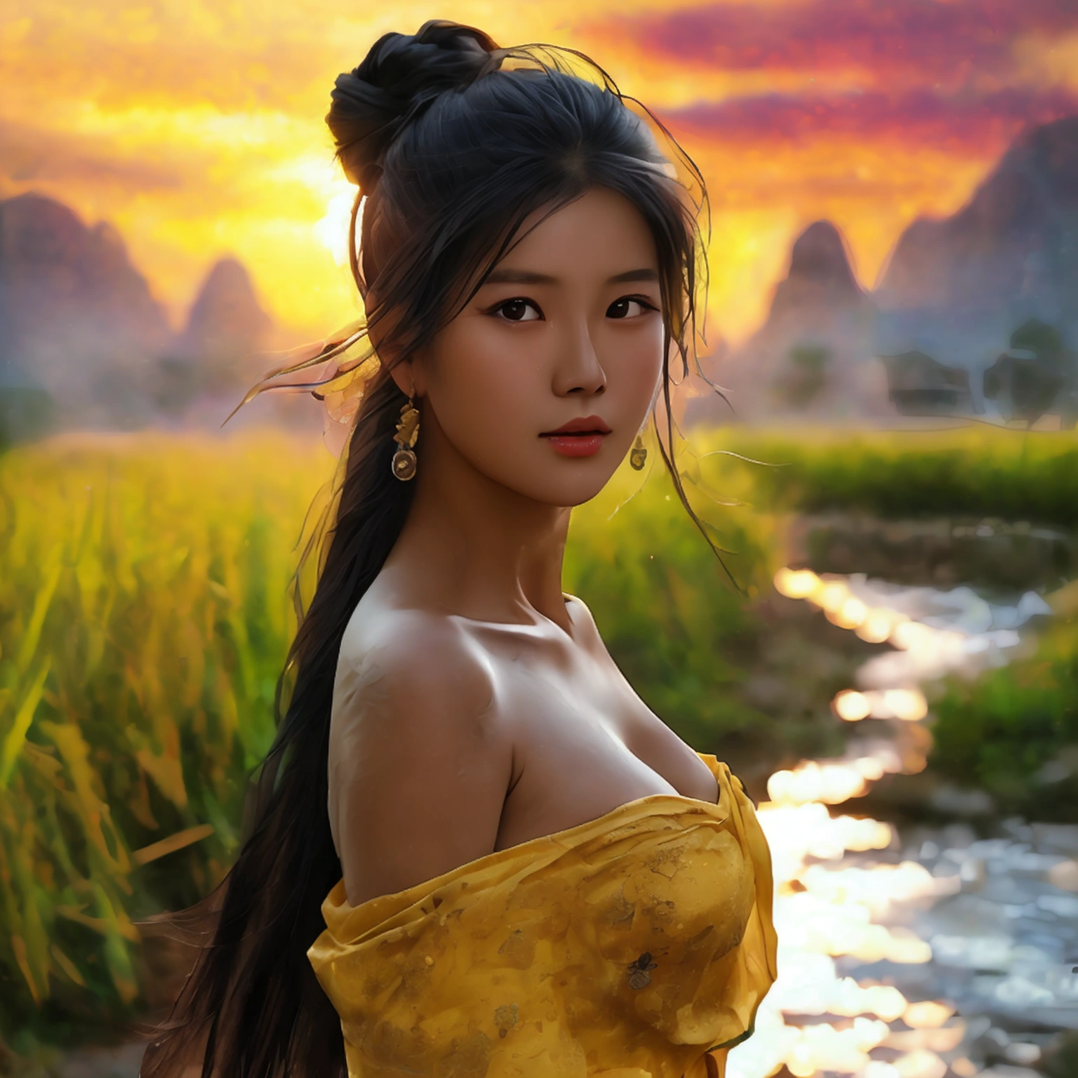 RAW, Best quality, high resolution, masterpiece: 1.3), beautiful Khmer-Chinese woman, Masterpiece, sun set, simple body, normal clothes, black chignon hair, open stand, realistic, dark hair, Soft smile, thick thighs, she is about 20 years old, pale white skin, wearing a simple Khmer yellow t-shirt and jean dress, ((whole body)) turning side facial at viewer, closeup, small mountains, misty, woman standing beside small river and rice field,