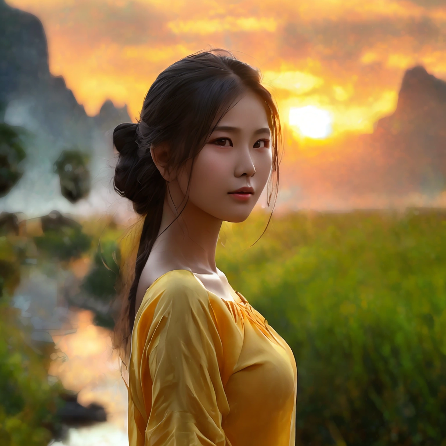 RAW, Best quality, high resolution, masterpiece: 1.3), beautiful Khmer-Chinese woman, Masterpiece, sun set, simple body, normal clothes, black chignon hair, open stand, realistic, dark hair, Soft smile, thick thighs, she is about 20 years old, pale white skin, wearing a simple Khmer yellow t-shirt and jean dress, ((whole body)) turning side facial at viewer, closeup, small mountains, misty, woman standing beside small river and rice field,