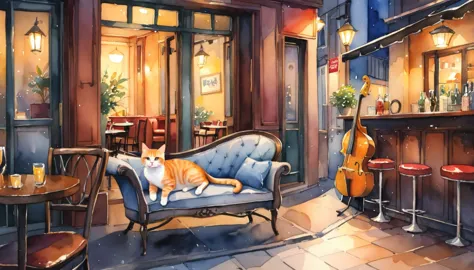 a cat lounging next to a saxophone in a cozy jazz café at night, watercolor