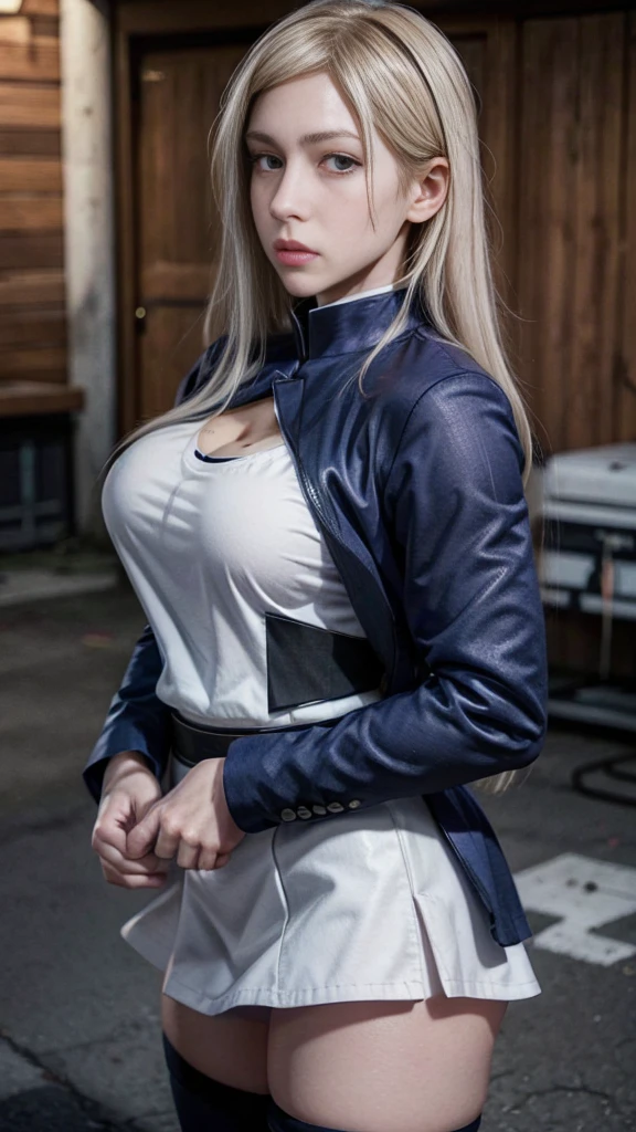 Beautiful girl with long white hair and grey eyes, jujutsu Kaisen style gakuran uniform, mini skirt, thigh-high socks, clear face, detailed face, clear eyes, detailed eyes, pale skin, big sagging breasts, Detailed skin, skin indentation, skin pores, textured skin, realistic skin, Ultra high res.(photorealistic:1.4), UDH.