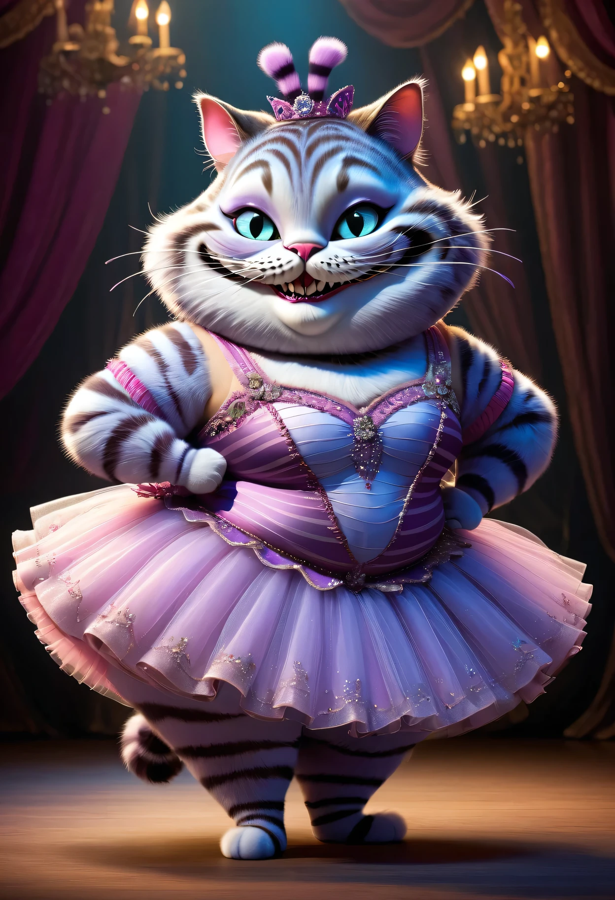 portrait of Dressed animals - a ((fat)) (Cheshire cat) ballet dancer,(elegant pose),(furry), (elegant),( hands on hips:1.5), high quality,(lovely) ,intricate detailed hair ornament, highly detailed ((elaborate ballet costume)) ,highly detailed decorations of costume, (wearing tutu), (happy), stage lighting,(full body image:1.5),ballet stage background,score_9, score_8_up, score_7_up, score_6_up, score_5_up, score_4_up,