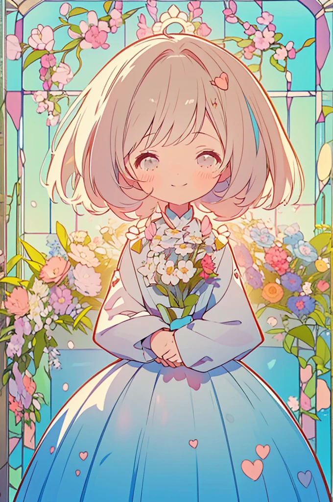 super high quality、( Highly detailed original illustration)、(((1 Chibi Girl、\(Baby face\): .6)))、 ((Puff sleeve dress、Neutral Color))、(close your eyes、Smile)、((pastel colour_Stained glass、warm color))、high detail、Delicate and transparent illustrations、Details that warm your heart、Soft light on the scene、Zhou Haoguang、Well-balanced exposure、A high-definition masterpiece、Amazing details、intricate texture、High resolution、Good effect、8k