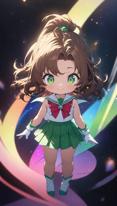 female child, glad, smiling, looking at viewer, high ponytail, green round hair clip rubber, ahoge, wavy hair,  brown hair, gree...