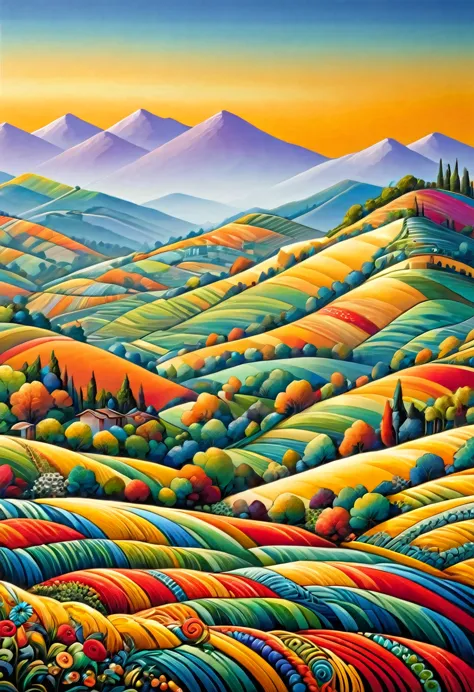 a masterpiece, a superb composition, a surreal landscape of rolling hills painted in vibrant shades of yellow and woven using th...