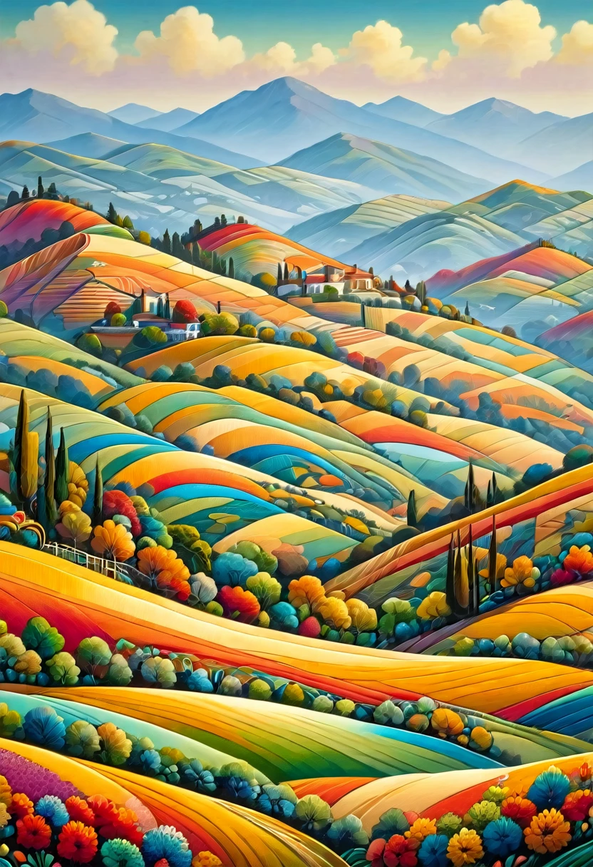 A masterpiece, a superb composition, a surreal landscape of rolling hills painted in vibrant shades of yellow and woven using the macrame technique, with colorful shades of orange, red, blue, purple and green creating rhythmic patterns with the hills undulating in shape.