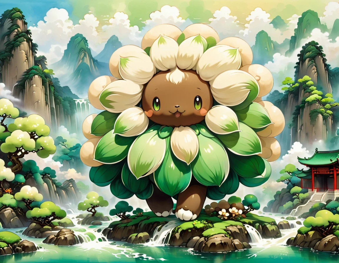 Chinese ink style,  whimsicott with brown cream and green color palette