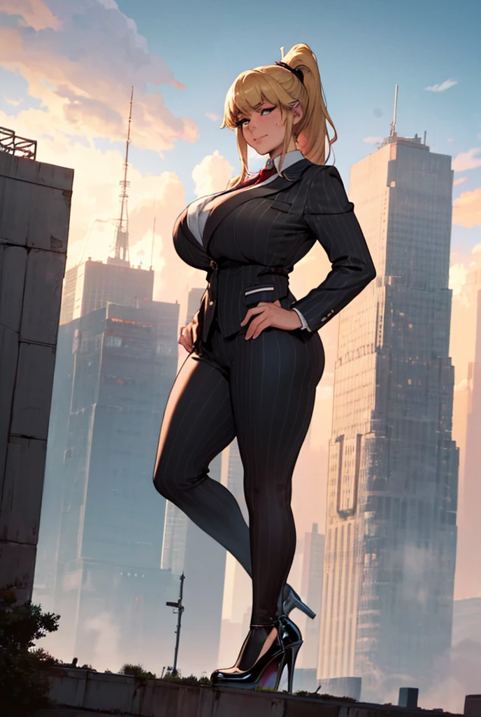 A growing Young adult women beautiful curves a massive thighs blonde hair in a ponytail lipstick wearing a perfect perfect tailored grey pinstriped trouser suit and blazer, crisp white shirt and large broad crimson windsor knot tie,colossal breasts. Platform high heels , standing, giantess art, tie clip, highly detailed giantess shots, giantess, most detailed, perfect face, Two legs, Five fingers, short hair, A girl who is bigger than a skyscraper, standing on very small city new york, skyscarpers at their feet, skyscrapers small, smile, huge breasts, major metropolis, numerous cities, , A very small big city, Miniature metropolis, Full body description, GTS, giga giantess, gigagts, stomping city, crash city, tiny city, micro city, , High resolution, highest quality, masterpiece,  tiny destroyed skyscrapers city, illustration, skyscrapers size of small toys standing behind and very far away from city, (masterpiece, best quality, best shadows, best shading, perfect hands, perfect face, cinematic lighting, colorful, ultra-detailed, beautiful photography, character focus, extremely-detailed, photorealistic, hyper photorealism, atmospheric), ), (giantess, stereotypical office boss), (dirty, filthy, unwashed, sweaty, unkempt, happy, tired, exhausted, annoyed), ((walking, mid stride:1.2, stepping down on:1.2, stomping, crush, rampage)), (black patent Louboutin rounded toe pumps, high heels, platform heels), ((,)), ((long ponytail hair with front bangs)), (high altitude photography, satellite view), (curvy, , heaving bosom, legs), (mega city, urban sprawl, and small towns, buildings, roads), (((cloudy, overcast, clouds and atmosphere partly obscuring the subject:1.2, hazy atmosphere, haze in foreground, wispy clouds))) footprints warzone view looking up from ground level. 