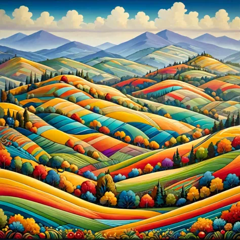 a masterpiece, a superb composition, a surreal landscape of rolling hills painted in vibrant shades of yellow and woven using th...