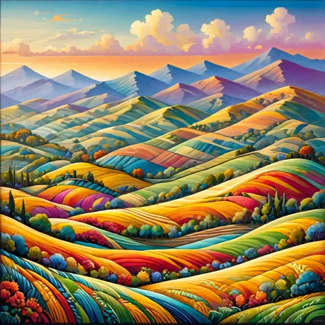 a masterpiece, a superb composition, a surreal landscape of rolling hills painted in vibrant shades of yellow and woven using th...