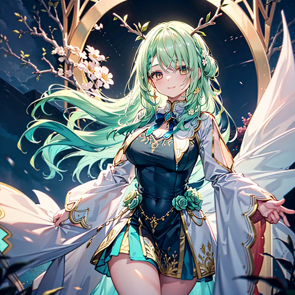 Young goddes with blue dress with golden details, antlers, golden eyes, green hair, flowers in hair, gently smile, beautiful gorest at night, storm at the distance, voluminous and curvy body