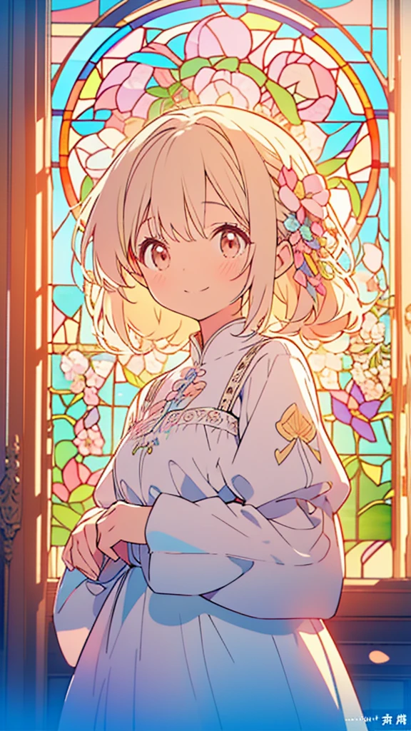 super high quality、( Highly detailed original illustration)、(((1 Chibi Girl \(Baby face\): .6)))、 ((Puff sleeve dress、Neutral Color))、(Happy、Smile)、((pastel colour_Stained glass、warm color))、high detail、Delicate and transparent illustrations、Details that warm your heart、Soft light on the scene、Zhou Haoguang、Well-balanced exposure、A high-definition masterpiece、Amazing details、intricate texture、High resolution、The beauty of beauty、Good effect、8k