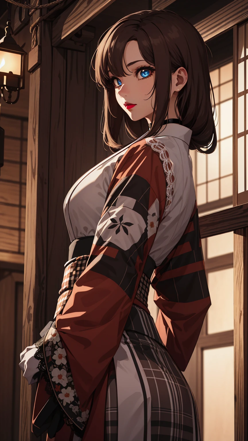 bangs,brown_hair, long_hair,red eyes,lipstick,makeup,
BREAK (lace choker, plaid, japanese clothes, (checkered kimono:1.1), wide sleeves, fishnet gloves, hakama skirt:1.2)
BREAK crotch rope walking, (beads:1), from side, shibari, arms behind back,
BREAK (masterpiece:1.2), best quality, high resolution, unity 8k wallpaper, (illustration:0.8), (beautiful detailed eyes:1.6), extremely detailed face, perfect lighting, extremely detailed CG, (perfect hands, perfect anatomy),