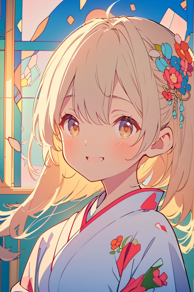 super high quality、( Highly detailed original illustration)、(((1 Chibi Girl \(Baby face\): .6)))、 ((Japanese kimono、Neutral Color))、(close your eyes、Smile)、((pastel colour_Stained glass、warm color))、high detail、Delicate and transparent illustrations、Details that enhance vitality、Soft light on the scene、Zhou Haoguang、Well-balanced exposure、A high-definition masterpiece、Amazing details、intricate texture、High resolution、The beauty of beauty、Good effect、8k