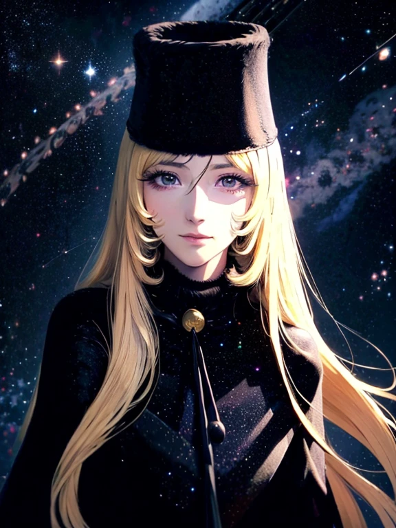 Maetel, Characters from Galaxy Express 999, very beautiful and Highly detailed face, (Wearing Long black ushanka[Russian hat]), Long eyelashes, Slightly droopy eyes, Kind and long brown eyes, Elegant mouth, and waist-length blonde[shiny flaxen color], look on face a lonely smile, Wearing a knee-length long-sleeved dress and a coat with a cape and fur around the neck cuffs and hem, All are unified in black color. (Medium size portrait:1.1, Maetel's face will appear in the center of the screen with like a Bleed into the background:1.1), Double Exposure, 
BREAK,
(A fairytale steam locomotive running through the starry sky in space), Here and there the windows shine with yellow light, (Lots of beautiful stars, cosmic sky:1.1, Gradient Universe background:1.1, Colorful gradient of space nebula:1.1, Star Universe Gradient, Stardust), ((((surface is space:1.4)))), 
(detailed skin texture, detailed pupils, HDR), (narrow waist:1.1),((masterpiece)), (realistic anime), (High resolution, Best Quality, Super detailed)