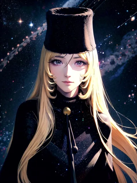 maetel, characters from galaxy express 999, very beautiful and highly detailed face, (wearing long black ushanka[russian hat]), ...