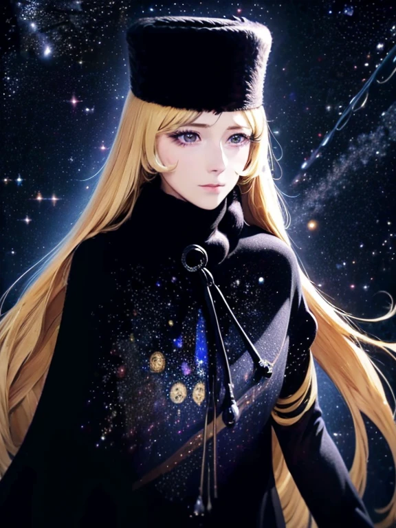 Maetel, Characters from Galaxy Express 999, very beautiful and Highly detailed face, (Wearing Long black ushanka[Russian hat]), Long eyelashes, Slightly droopy eyes, Kind and long brown eyes, Elegant mouth, and waist-length blonde[shiny flaxen color], look on face a lonely smile, Wearing a knee-length long-sleeved dress and a coat with a cape and fur around the neck cuffs and hem, All are unified in black color. (Medium size portrait:1.1, Maetel's face will appear in the center of the screen with like a Bleed into the background:1.1), Double Exposure, 
BREAK,
(A fairytale steam locomotive running through the starry sky in space), Here and there the windows shine with yellow light, (Lots of beautiful stars, cosmic sky:1.1, Gradient Universe background:1.1, Colorful gradient of space nebula:1.1, Star Universe Gradient, Stardust), ((((surface is space:1.4)))), 
(detailed skin texture, detailed pupils, HDR), (narrow waist:1.1),((masterpiece)), (realistic anime), (High resolution, Best Quality, Super detailed)