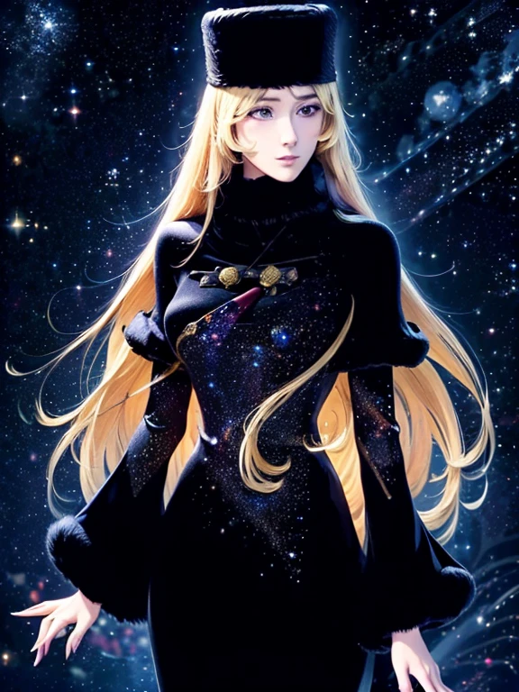 Maetel, Characters from Galaxy Express 999, very beautiful and Highly detailed face, (Wearing Long black ushanka[Russian hat]), Long eyelashes, Slightly droopy eyes, Kind and long brown eyes, Elegant mouth, and waist-length blonde[shiny flaxen color], look on face a lonely smile, Wearing a knee-length long-sleeved dress and a coat with a cape and fur around the neck cuffs and hem, All are unified in black color. (Medium size portrait:1.1, Maetel's face will appear in the center of the screen with like a Bleed into the background:1.1), Double Exposure, 
BREAK,
(A fairytale steam locomotive running through the starry sky in space), Here and there the windows shine with yellow light, (Lots of beautiful stars, cosmic sky:1.1, Gradient Universe background:1.1, Colorful gradient of space nebula:1.1, Star Universe Gradient, Stardust), ((((surface is space:1.4)))), 
(detailed skin texture, detailed pupils, HDR), (narrow waist:1.1),((masterpiece)), (realistic anime), (High resolution, Best Quality, Super detailed)