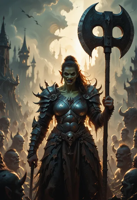 a frightening female orc warrior, detailed orc facial features, sharp fangs, crual eyes, muscular body, holding a large battle a...