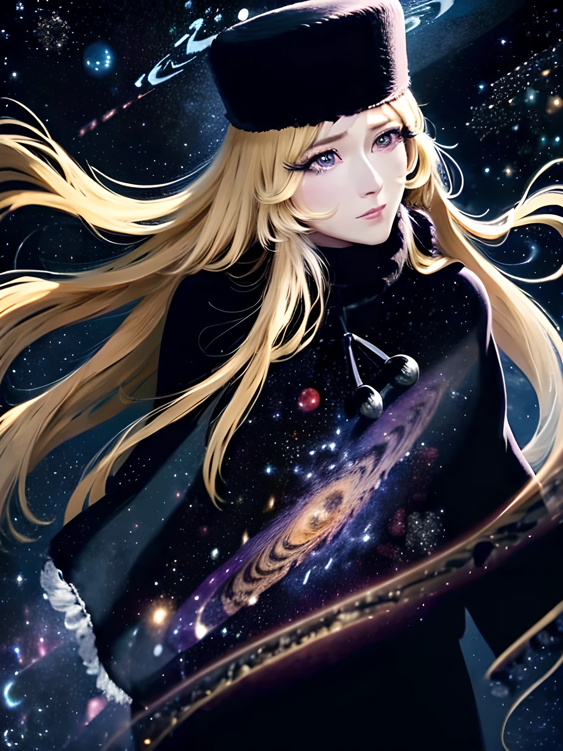 Maetel, Characters from Galaxy Express 999, very beautiful and Highly detailed face, (Wearing Long black ushanka[Russian hat]), Long eyelashes, Slightly droopy eyes, Kind and long brown eyes, Elegant mouth, and waist-length blonde[shiny flaxen color], look on face a lonely smile, Wearing a knee-length long-sleeved dress and a coat with a cape and fur around the neck cuffs and hem, All are unified in black color. (Medium size portrait:1.1, Maetel's face will appear in the center of the screen with like a Bleed into the background:1.1), Double Exposure, 
BREAK,
(A fairytale steam locomotive running through the starry sky in space), Here and there the windows shine with yellow light, (Lots of beautiful stars, cosmic sky:1.1, Gradient Universe background:1.1, Colorful gradient of space nebula:1.1, Star Universe Gradient, Stardust), ((((surface is space:1.4)))), 
(detailed skin texture, detailed pupils, HDR), (narrow waist:1.1),((masterpiece)), (realistic anime), (High resolution, Best Quality, Super detailed)