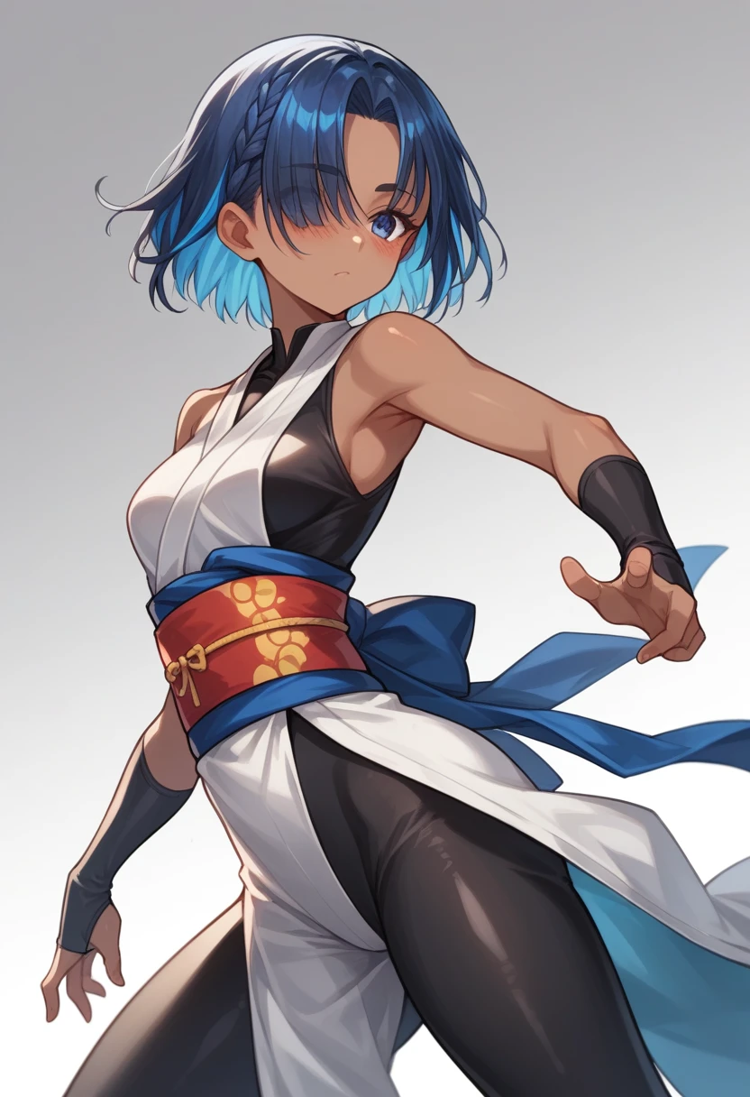 ninja,kunoichi,dark skin,black bodysuit,bare shoulders,obi,white china bodysuit,fullbody,
[black hair:Silver bangs:0.1],gleaming,around blue highlights, silver colored tips , gradient blue hair, shiny blue streaked hair:0.5, hair over eyes ,forehead, french braid ,  open stance ,  forehead ,shiny black eyebrows, eyelashes, cute face ,hair reflecting light ,blush, simple background,dynamic light,dramatic shadow, ,gamecg, ,core_9, score_8_up, score_7_up, score_6_up, score_5_up, score_4_up, source anime,