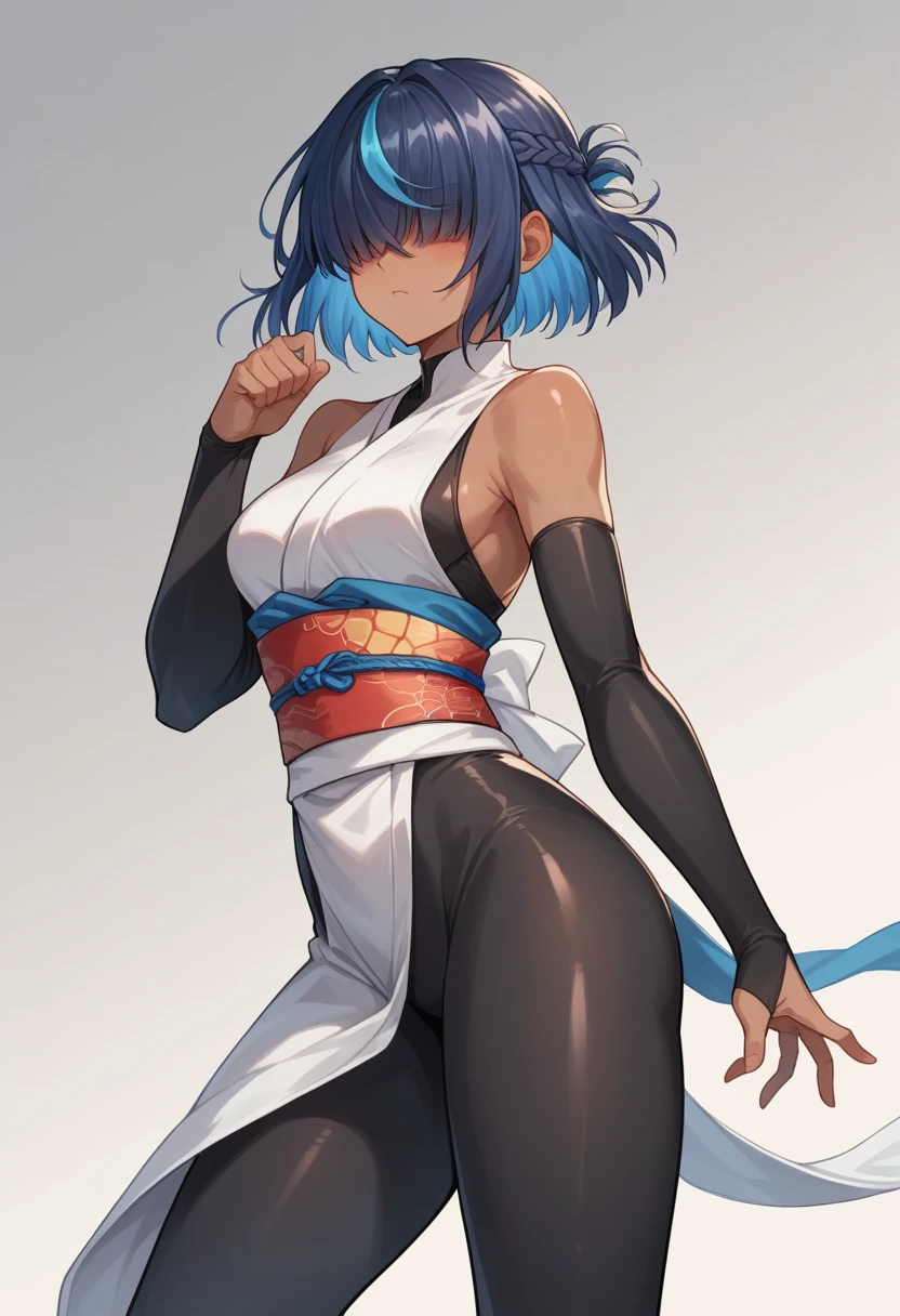 ninja,kunoichi,dark skin,black bodysuit,bare shoulders,obi,white china bodysuit,fullbody,
[black hair:Silver bangs:0.1],gleaming,around blue highlights, silver colored tips , gradient blue hair, shiny blue streaked hair:0.5, hair over eyes ,forehead, french braid ,  open stance ,  forehead ,shiny black eyebrows, eyelashes, cute face ,hair reflecting light ,blush, simple background,dynamic light,dramatic shadow, ,gamecg, ,core_9, score_8_up, score_7_up, score_6_up, score_5_up, score_4_up, source anime,