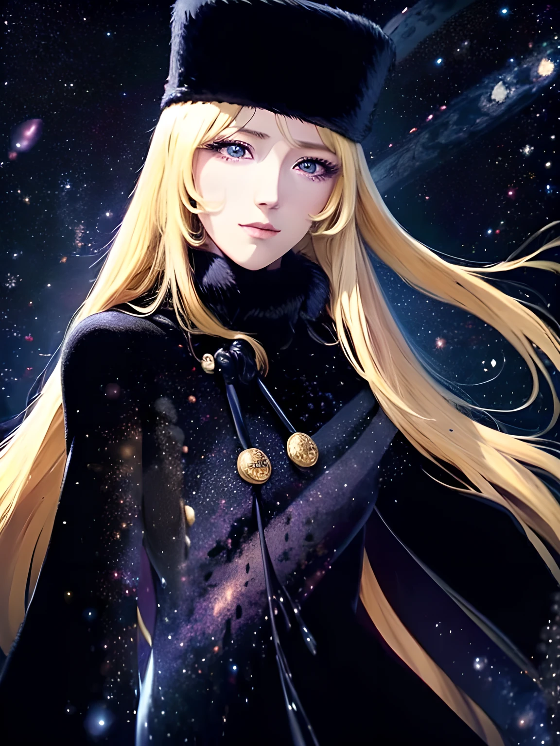 Maetel, Characters from Galaxy Express 999, very beautiful and Highly detailed face, (Wearing Long black ushanka[Russian hat]), Long eyelashes, Slightly droopy eyes, Kind and long brown eyes, Elegant mouth, and waist-length blonde[shiny flaxen color], look on face a lonely smile, Wearing a knee-length long-sleeved dress and a coat with a cape and fur around the neck cuffs and hem, All are unified in black color. (Medium size portrait:1.1, Maetel's face will appear in the center of the screen with like a Bleed into the background:1.1), Double Exposure, 
BREAK,
(A fairytale steam locomotive running through the starry sky in space), Here and there the windows shine with yellow light, (Lots of beautiful stars, cosmic sky:1.1, Gradient Universe background:1.1, Colorful gradient of space nebula:1.1, Star Universe Gradient, Stardust), ((((surface is space:1.4)))), 
(detailed skin texture, detailed pupils, HDR), (narrow waist:1.1),((masterpiece)), (realistic anime), (High resolution, Best Quality, Super detailed)