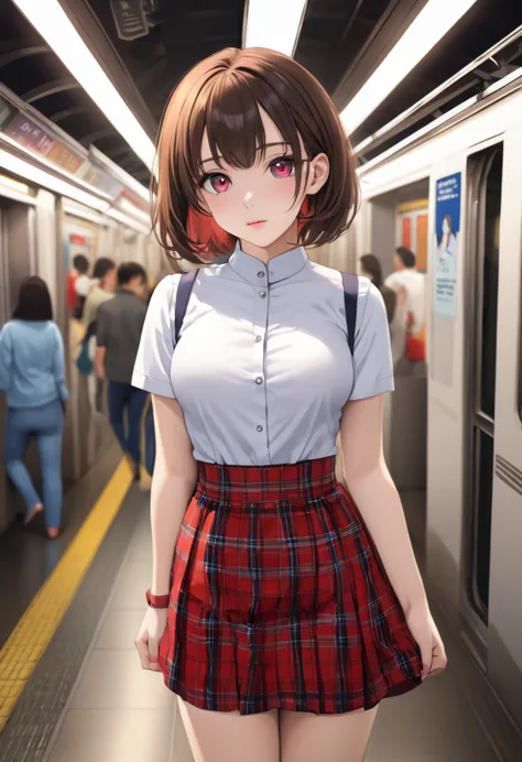 a high school girl is hanging on to a strap with one hand in the tokyo metro fukutoshin line subway., she is wearing a white sho...