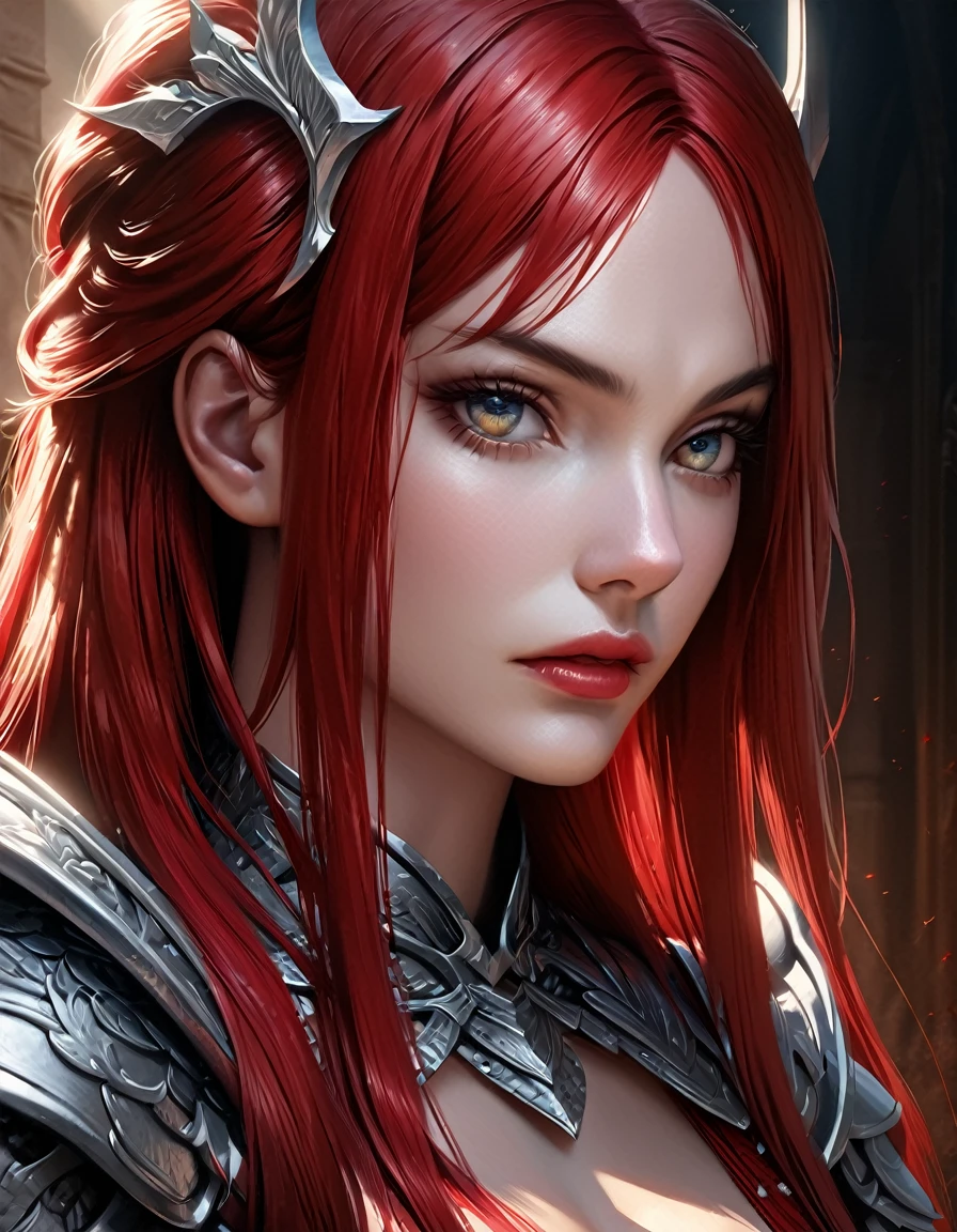 erza scarlet from fairy tail, detailed portrait, realistic, photorealistic, 8k, high resolution, hyper detailed, extremely realistic, masterpiece, dramatic lighting, dramatic pose, sword, knight armor, red hair, beautiful detailed eyes, beautiful detailed lips, extremely detailed face and skin, flowing red hair, intricate details, cinematic, dramatic colors, intense atmosphere