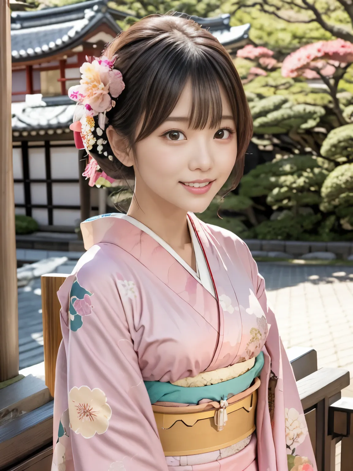 nsfw:1.3, Highest quality, masterpiece, Ultra-high resolution, (Realistic:1.2), RAW Photos, Depth of written boundary, Professional Lighting, Perfect Anatomy, Very detailed, A beautiful Japanese woman, cute, (1) , (A very cute face in the style of a Japanese idol), smile, Black Hair,　Short Hair, bangs, ((Gorgeous pink Japanese-style floral kimono, kimono:1.3)), A beautiful and balanced face, Beautiful Eyes, Delicate hair, 