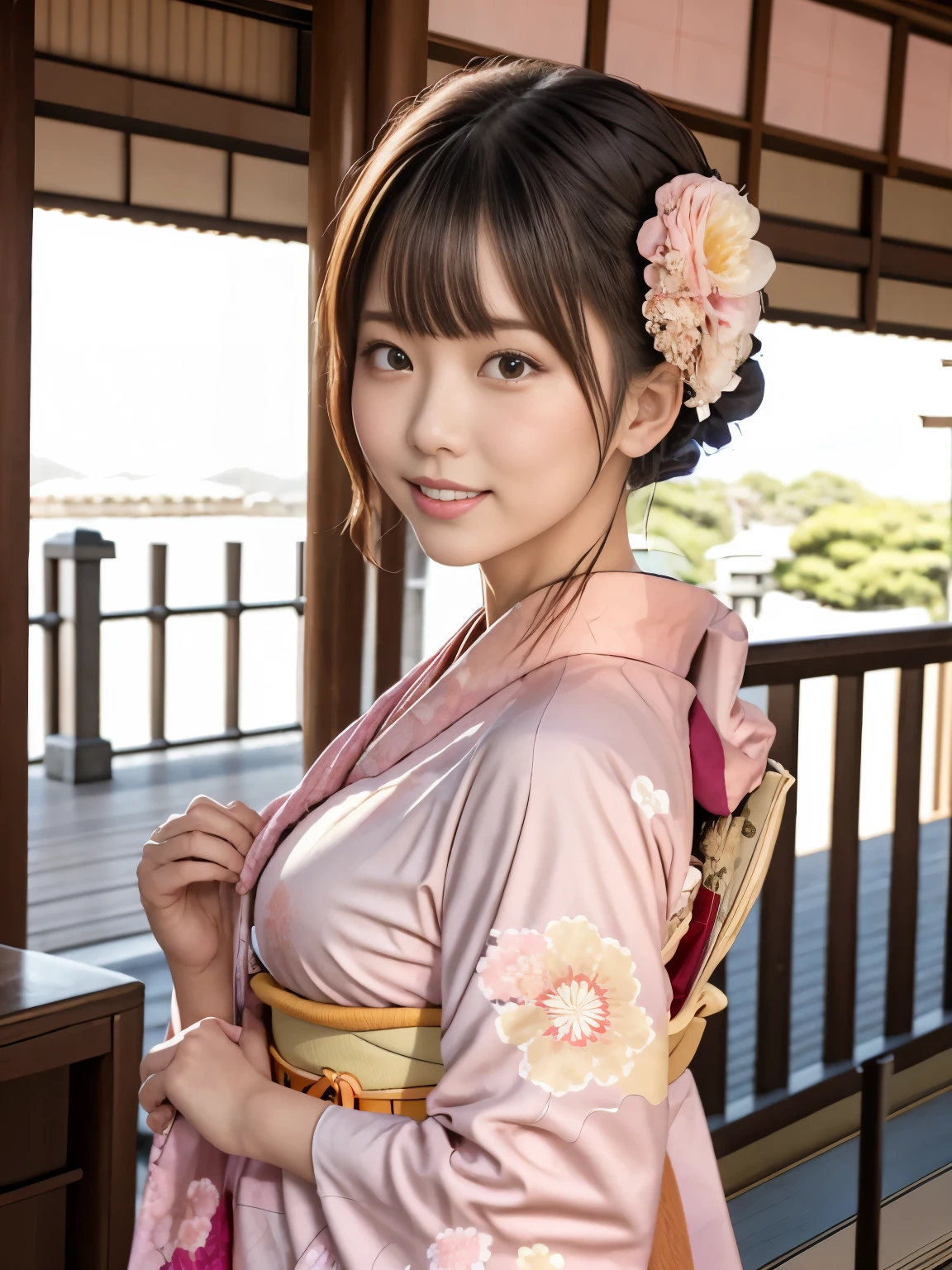 nsfw:1.3, Highest quality, masterpiece, Ultra-high resolution, (Realistic:1.2), RAW Photos, Depth of written boundary, Professional Lighting, Perfect Anatomy, Very detailed, A beautiful Japanese woman, cute, (1) , (A very cute face in the style of a Japanese idol), smile, Black Hair,　Short Hair, bangs, ((Gorgeous pink Japanese-style floral kimono, kimono:1.3)), A beautiful and balanced face, Beautiful Eyes, Delicate hair, 