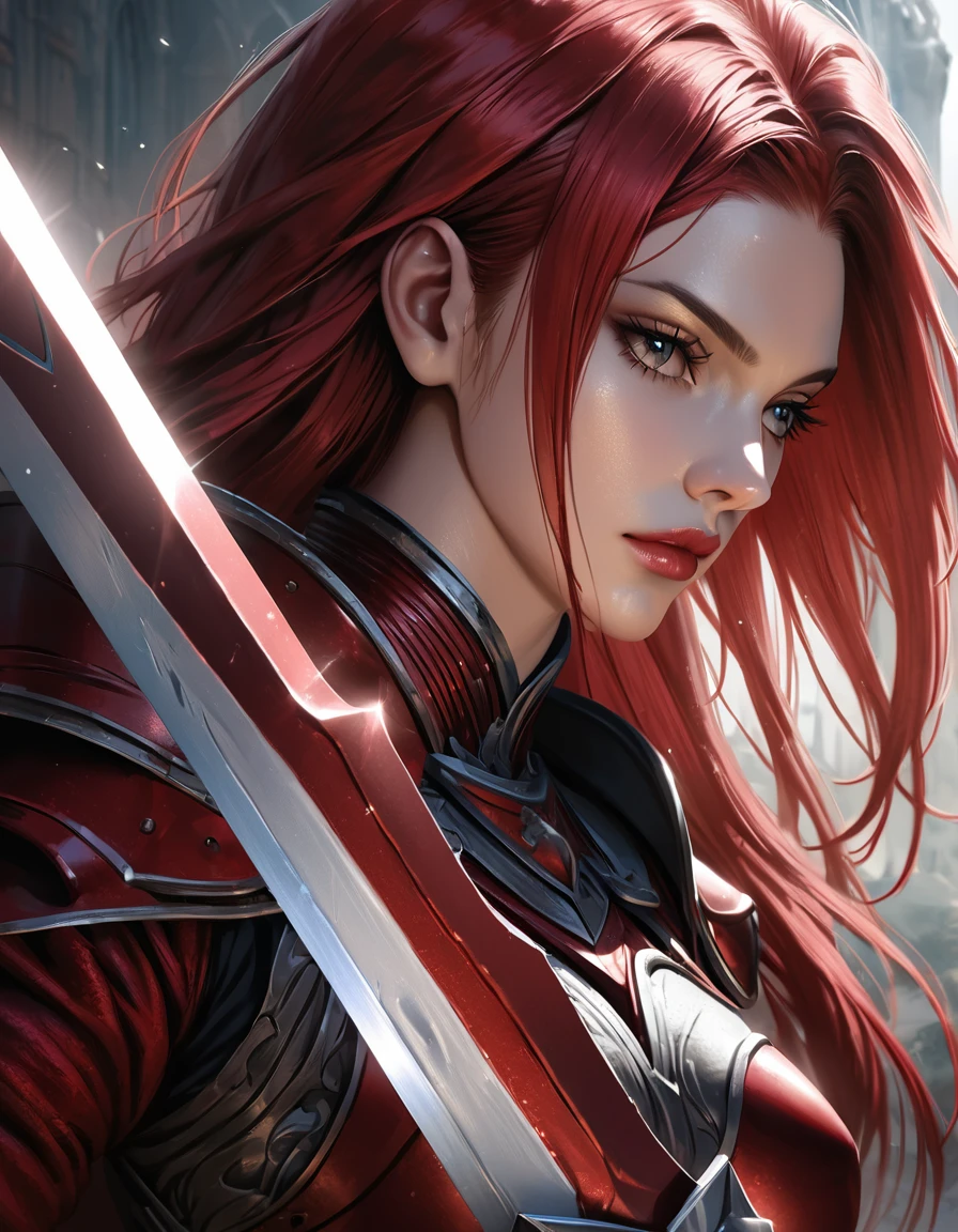 erza scarlet from fairy tail, detailed portrait, realistic, photorealistic, 8k, high resolution, hyper detailed, extremely realistic, masterpiece, dramatic lighting, dramatic pose, sword, knight armor, red hair, beautiful detailed eyes, beautiful detailed lips, extremely detailed face and skin, flowing red hair, intricate details, cinematic, dramatic colors, intense atmosphere