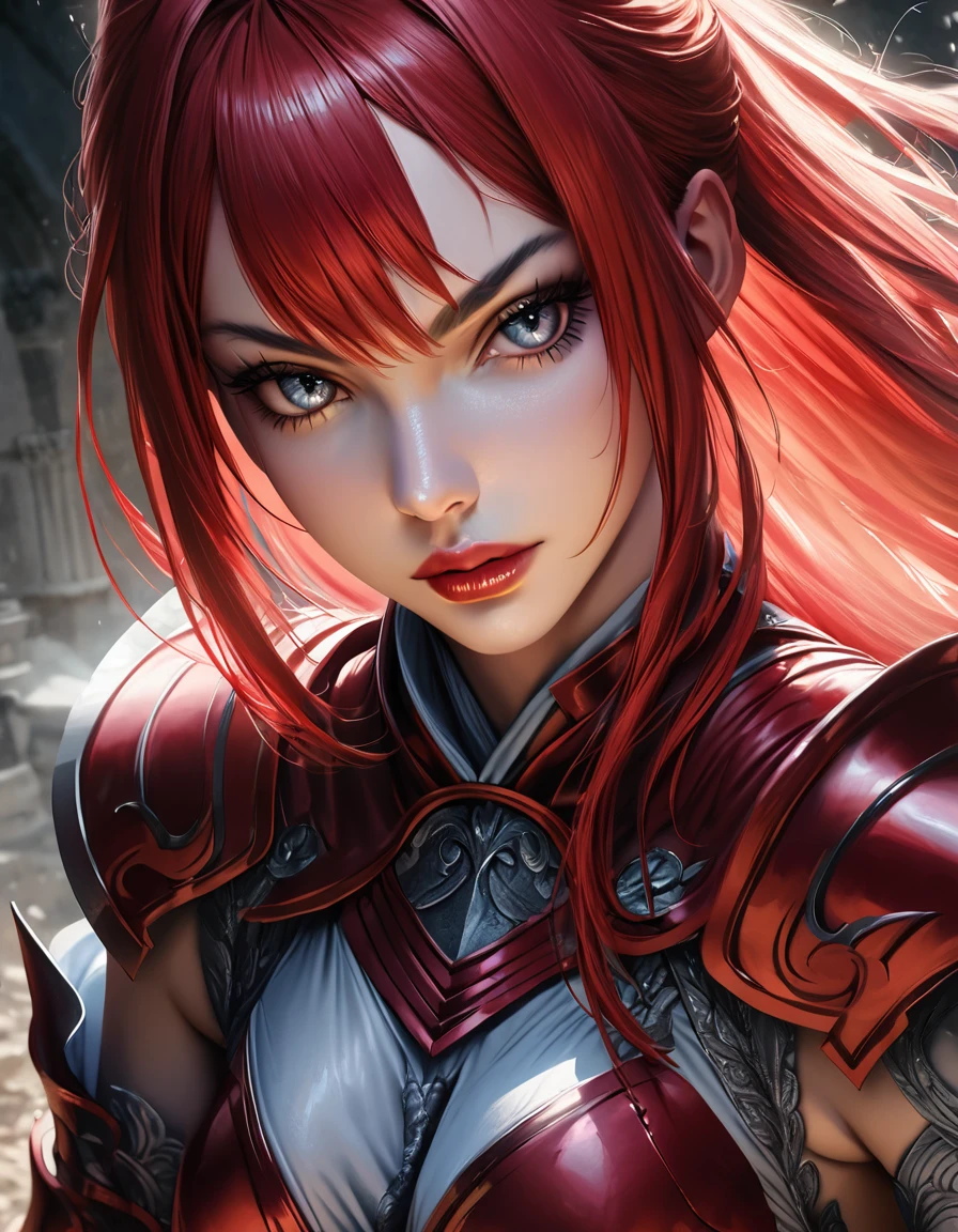 erza scarlet from fairy tail, detailed portrait, realistic, photorealistic, 8k, high resolution, hyper detailed, extremely realistic, masterpiece, dramatic lighting, dramatic pose, sword, knight armor, red hair, beautiful detailed eyes, beautiful detailed lips, extremely detailed face and skin, flowing red hair, intricate details, cinematic, dramatic colors, intense atmosphere