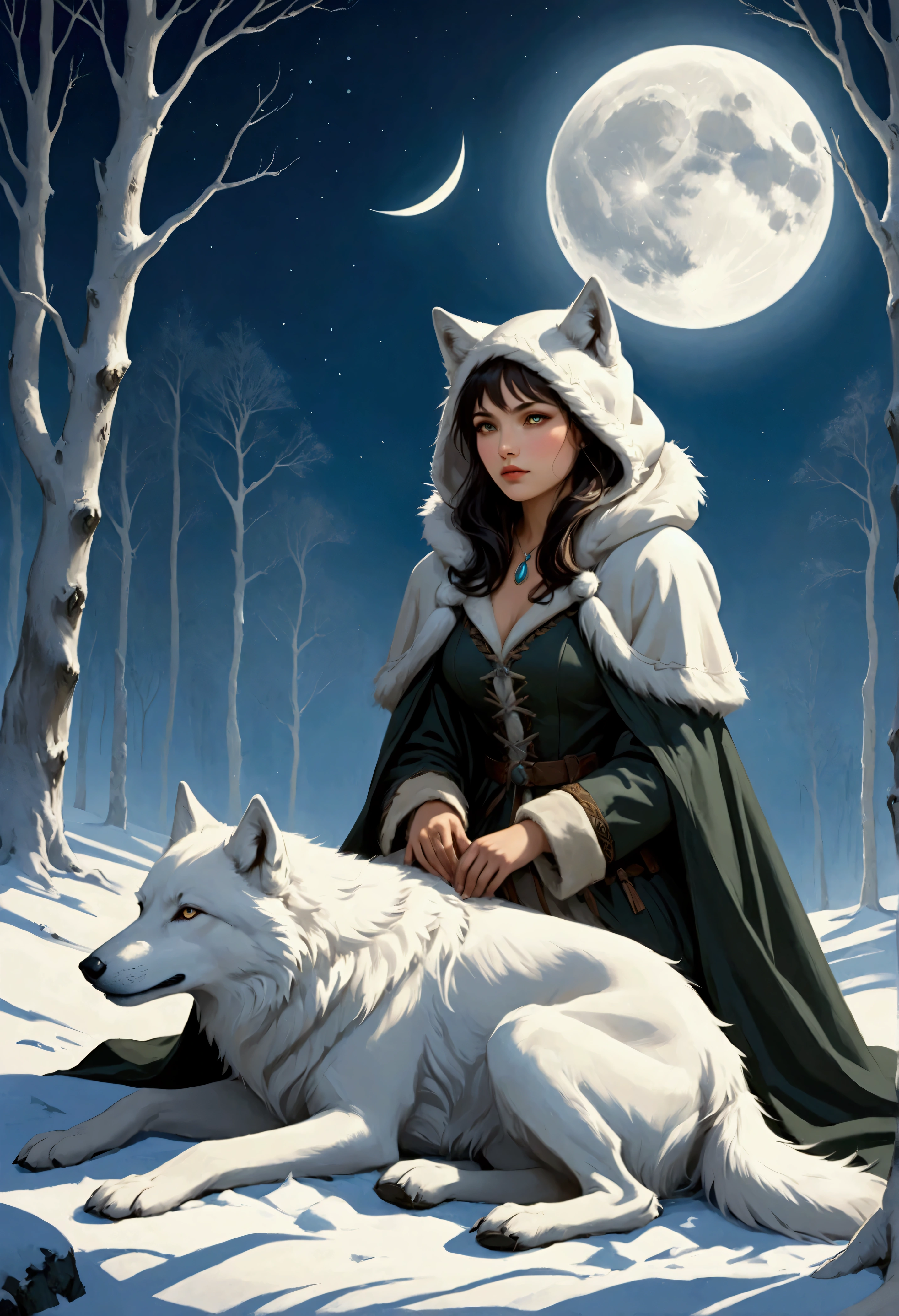 An award-winning digital masterpiece, capturing a very pretty female exotic hunter in a moment of serene relaxation under the soft glow of an ethereal full moon. Dressed in an exquisite white wolf-skin coat with a fur-lined hood, she exudes both elegance and strength, her coat blending seamlessly with the snow-covered wilderness around her. She rests her hand on an old-world rifle, its antique craftsmanship adding a sense of history and tradition to her persona.

Beside her sits her loyal companion, a majestic white dire wolf, its massive form illuminated by the moonlight. The dire wolf, with its powerful build and shimmering white fur, lounges calmly by her side, its piercing eyes reflecting the tranquil beauty of the night. The bond between them is palpable, as they share this rare moment of peace amidst the wild, their companionship unspoken but deeply felt.

The ethereal full moon casts a soft, glowing light across the scene, creating long shadows that dance across the snow. The surrounding landscape, with frost-covered trees and a blanket of snow, enhances the tranquil atmosphere, while delicate mist swirls around them, adding an otherworldly quality. The moonlight reflects off the hunter’s coat and the dire wolf’s fur, highlighting their regal presence in the wilderness.

The composition is a perfect blend of beauty, power, and serenity, with the hunter and her dire wolf sharing a quiet, intimate moment under the moon’s gentle glow. The intricate details of the old-world rifle, the wolf-skin coat, and the mystical landscape create a visually stunning portrayal of a hunter deeply connected to both her past and her loyal companion.