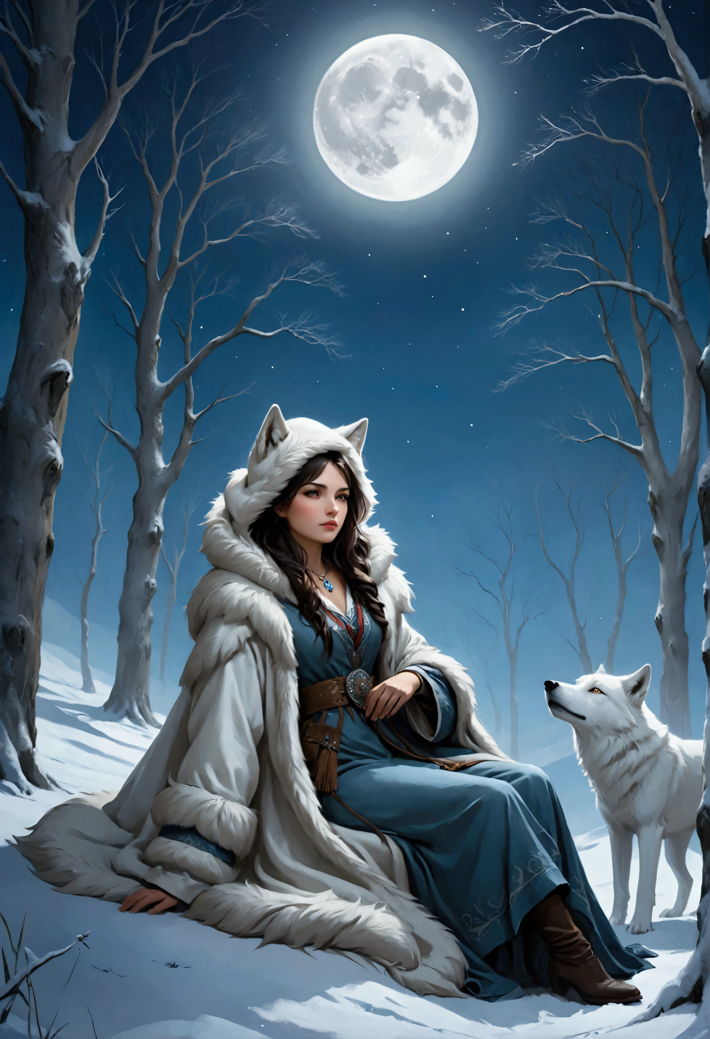 An award-winning digital masterpiece, capturing a very pretty female exotic hunter in a moment of serene relaxation under the soft glow of an ethereal full moon. Dressed in an exquisite white wolf-skin coat with a fur-lined hood, she exudes both elegance and strength, her coat blending seamlessly with the snow-covered wilderness around her. She rests her hand on an old-world rifle, its antique craftsmanship adding a sense of history and tradition to her persona.

Beside her sits her loyal companion, a majestic white dire wolf, its massive form illuminated by the moonlight. The dire wolf, with its powerful build and shimmering white fur, lounges calmly by her side, its piercing eyes reflecting the tranquil beauty of the night. The bond between them is palpable, as they share this rare moment of peace amidst the wild, their companionship unspoken but deeply felt.

The ethereal full moon casts a soft, glowing light across the scene, creating long shadows that dance across the snow. The surrounding landscape, with frost-covered trees and a blanket of snow, enhances the tranquil atmosphere, while delicate mist swirls around them, adding an otherworldly quality. The moonlight reflects off the hunter’s coat and the dire wolf’s fur, highlighting their regal presence in the wilderness.

The composition is a perfect blend of beauty, power, and serenity, with the hunter and her dire wolf sharing a quiet, intimate moment under the moon’s gentle glow. The intricate details of the old-world rifle, the wolf-skin coat, and the mystical landscape create a visually stunning portrayal of a hunter deeply connected to both her past and her loyal companion.