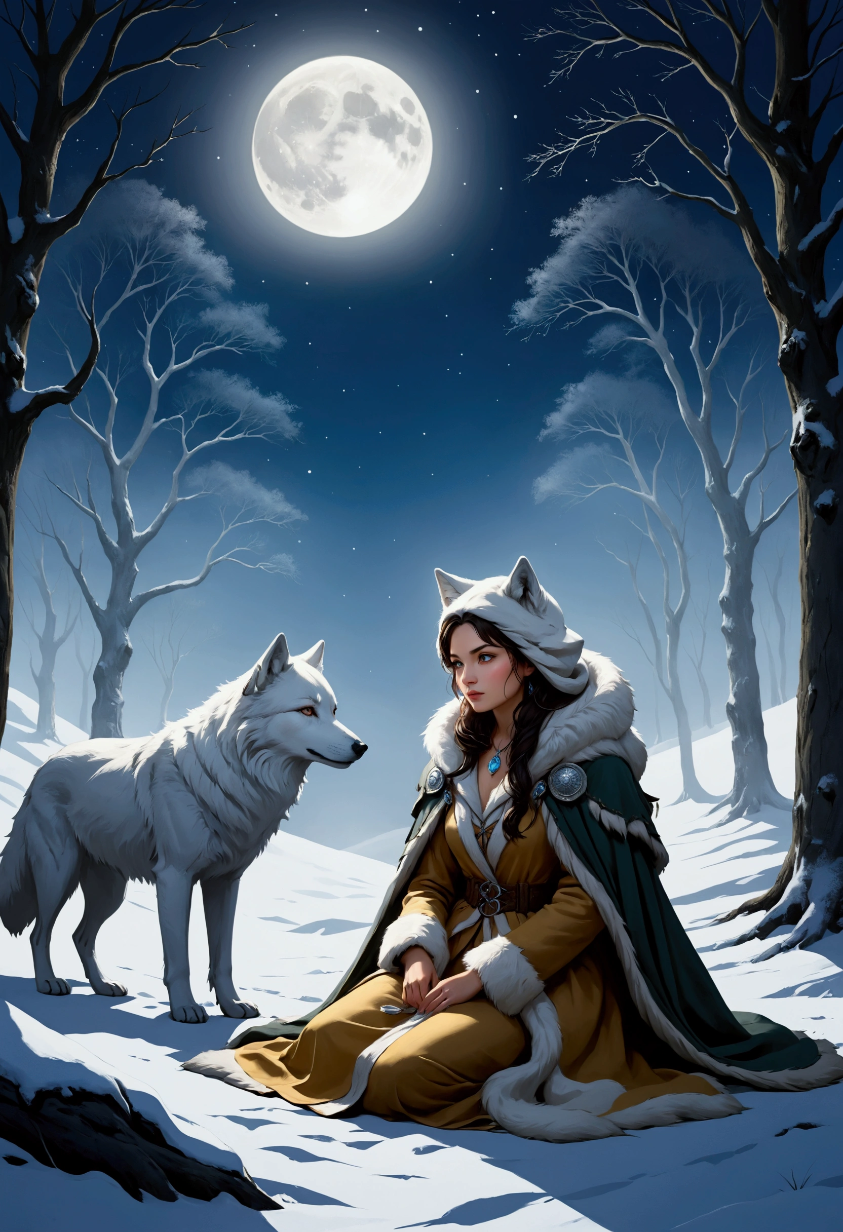 An award-winning digital masterpiece, capturing a very pretty female exotic hunter in a moment of serene relaxation under the soft glow of an ethereal full moon. Dressed in an exquisite white wolf-skin coat with a fur-lined hood, she exudes both elegance and strength, her coat blending seamlessly with the snow-covered wilderness around her. She rests her hand on an old-world rifle, its antique craftsmanship adding a sense of history and tradition to her persona.

Beside her sits her loyal companion, a majestic white dire wolf, its massive form illuminated by the moonlight. The dire wolf, with its powerful build and shimmering white fur, lounges calmly by her side, its piercing eyes reflecting the tranquil beauty of the night. The bond between them is palpable, as they share this rare moment of peace amidst the wild, their companionship unspoken but deeply felt.

The ethereal full moon casts a soft, glowing light across the scene, creating long shadows that dance across the snow. The surrounding landscape, with frost-covered trees and a blanket of snow, enhances the tranquil atmosphere, while delicate mist swirls around them, adding an otherworldly quality. The moonlight reflects off the hunter’s coat and the dire wolf’s fur, highlighting their regal presence in the wilderness.

The composition is a perfect blend of beauty, power, and serenity, with the hunter and her dire wolf sharing a quiet, intimate moment under the moon’s gentle glow. The intricate details of the old-world rifle, the wolf-skin coat, and the mystical landscape create a visually stunning portrayal of a hunter deeply connected to both her past and her loyal companion.