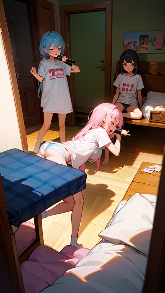 Sleeping room  , girls with loose t-shirts  , Lolis , 5 girls in the room , some singing into the microphone , panties