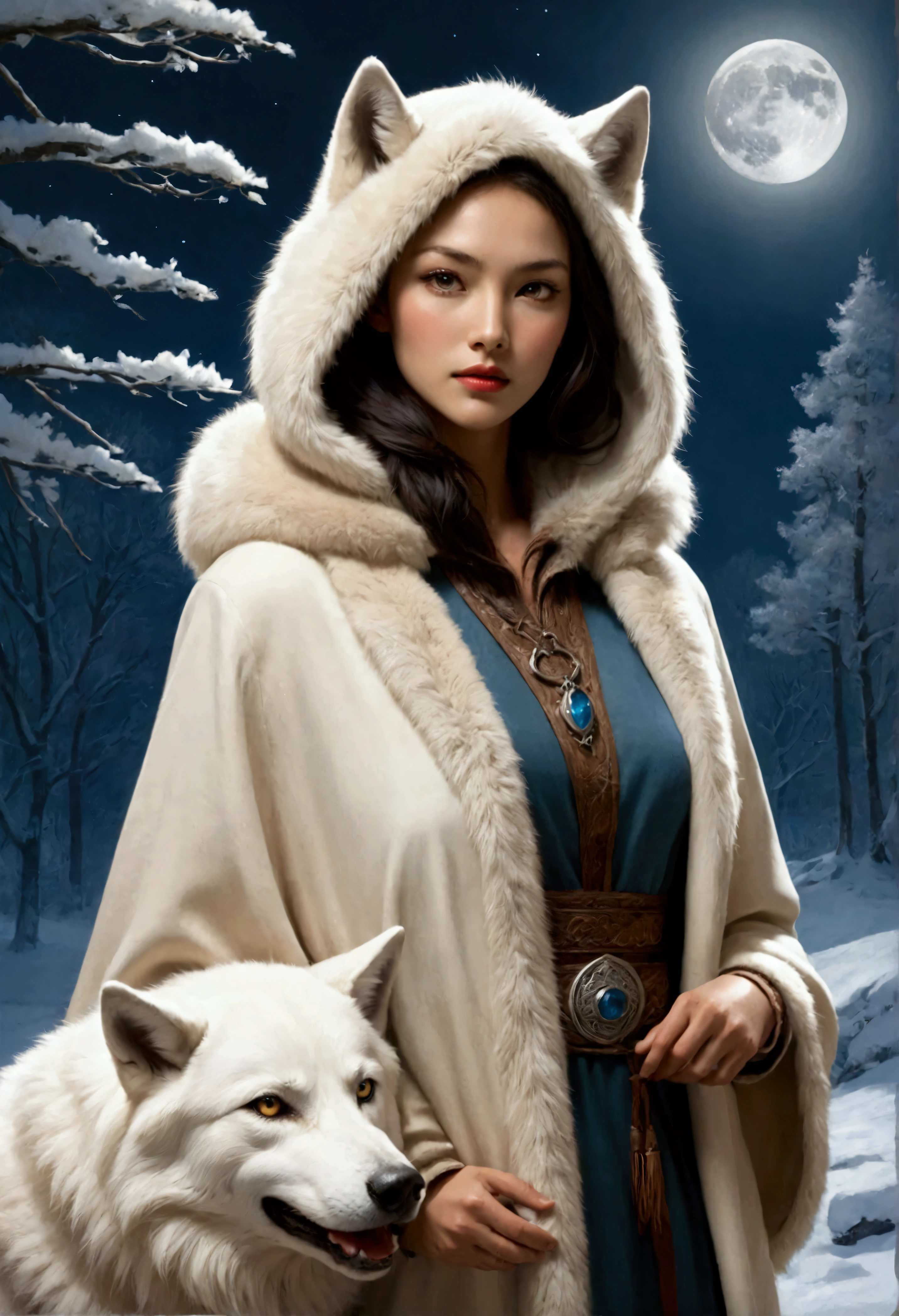 An award-winning digital masterpiece, capturing a very pretty female exotic hunter in a moment of serene relaxation under the soft glow of an ethereal full moon. Dressed in an exquisite white wolf-skin coat with a fur-lined hood, she exudes both elegance and strength, her coat blending seamlessly with the snow-covered wilderness around her. She rests her hand on an old-world rifle, its antique craftsmanship adding a sense of history and tradition to her persona.

Beside her sits her loyal companion, a majestic white dire wolf, its massive form illuminated by the moonlight. The dire wolf, with its powerful build and shimmering white fur, lounges calmly by her side, its piercing eyes reflecting the tranquil beauty of the night. The bond between them is palpable, as they share this rare moment of peace amidst the wild, their companionship unspoken but deeply felt.

The ethereal full moon casts a soft, glowing light across the scene, creating long shadows that dance across the snow. The surrounding landscape, with frost-covered trees and a blanket of snow, enhances the tranquil atmosphere, while delicate mist swirls around them, adding an otherworldly quality. The moonlight reflects off the hunter’s coat and the dire wolf’s fur, highlighting their regal presence in the wilderness.

The composition is a perfect blend of beauty, power, and serenity, with the hunter and her dire wolf sharing a quiet, intimate moment under the moon’s gentle glow. The intricate details of the old-world rifle, the wolf-skin coat, and the mystical landscape create a visually stunning portrayal of a hunter deeply connected to both her past and her loyal companion.