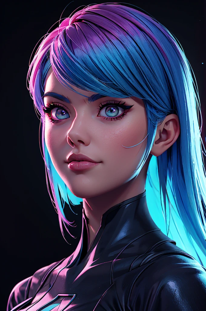 a woman with blue hair and a black shirt is standing in front of a neon background, lois van baarle and rossdraws, portrait of lucy from Cyberpunk Edgerunners, artgerm and lois van baarle, rossdraws 2. 0, rossdraws 1. 0, rossdraws 2. 5, artgerm and rossdraws, artgerm comic, 8K image quality, Masterpiece black background with pink brush splash, 8K image quality, Masterpiece