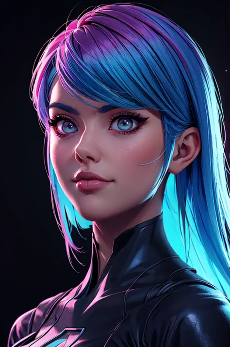 a woman with blue hair and a black shirt is standing in front of a neon background, lois van baarle and rossdraws, portrait of l...