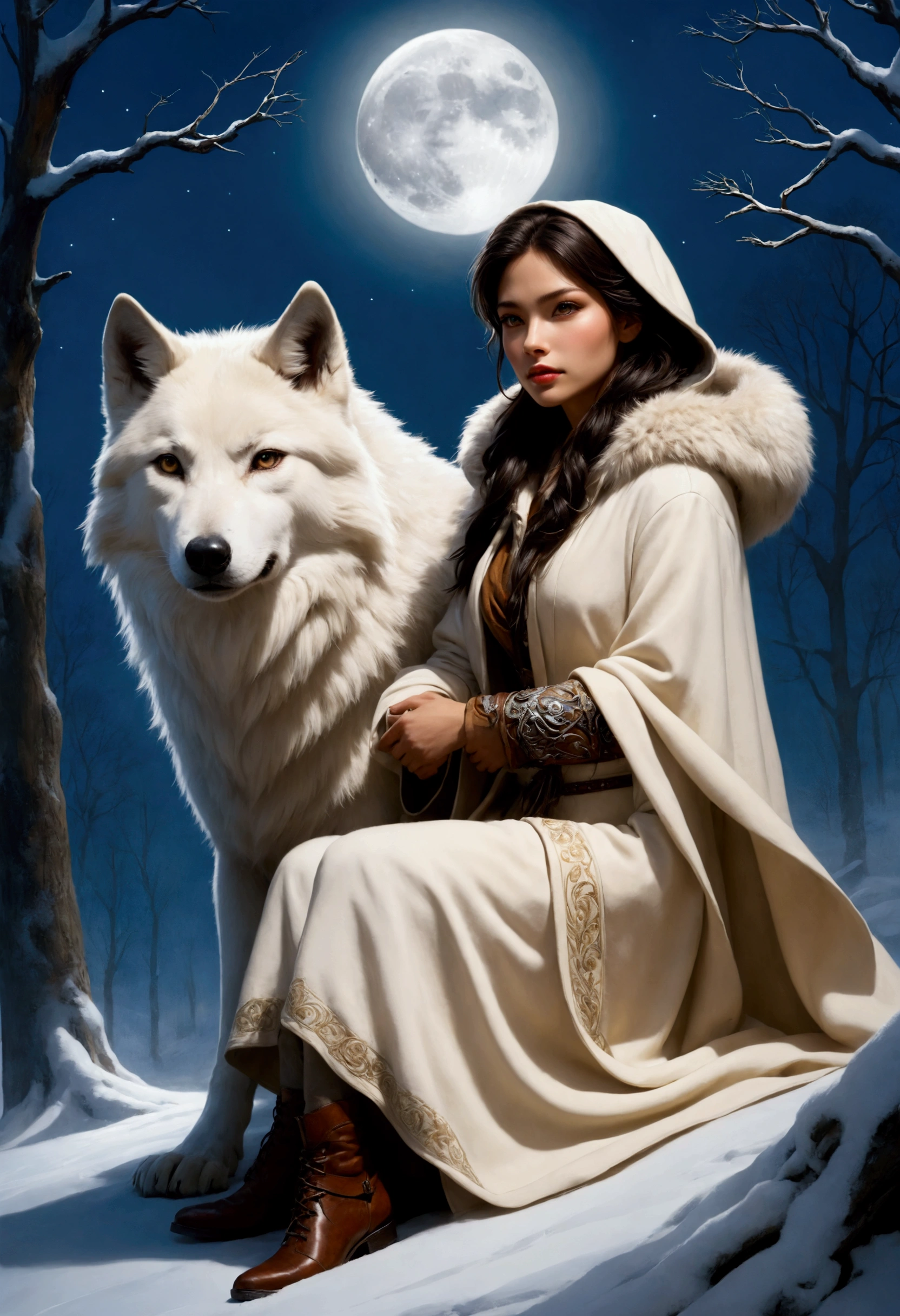 An award-winning digital masterpiece, capturing a very pretty female exotic hunter in a moment of serene relaxation under the soft glow of an ethereal full moon. Dressed in an exquisite white wolf-skin coat with a fur-lined hood, she exudes both elegance and strength, her coat blending seamlessly with the snow-covered wilderness around her. She rests her hand on an old-world rifle, its antique craftsmanship adding a sense of history and tradition to her persona.

Beside her sits her loyal companion, a majestic white dire wolf, its massive form illuminated by the moonlight. The dire wolf, with its powerful build and shimmering white fur, lounges calmly by her side, its piercing eyes reflecting the tranquil beauty of the night. The bond between them is palpable, as they share this rare moment of peace amidst the wild, their companionship unspoken but deeply felt.

The ethereal full moon casts a soft, glowing light across the scene, creating long shadows that dance across the snow. The surrounding landscape, with frost-covered trees and a blanket of snow, enhances the tranquil atmosphere, while delicate mist swirls around them, adding an otherworldly quality. The moonlight reflects off the hunter’s coat and the dire wolf’s fur, highlighting their regal presence in the wilderness.

The composition is a perfect blend of beauty, power, and serenity, with the hunter and her dire wolf sharing a quiet, intimate moment under the moon’s gentle glow. The intricate details of the old-world rifle, the wolf-skin coat, and the mystical landscape create a visually stunning portrayal of a hunter deeply connected to both her past and her loyal companion.