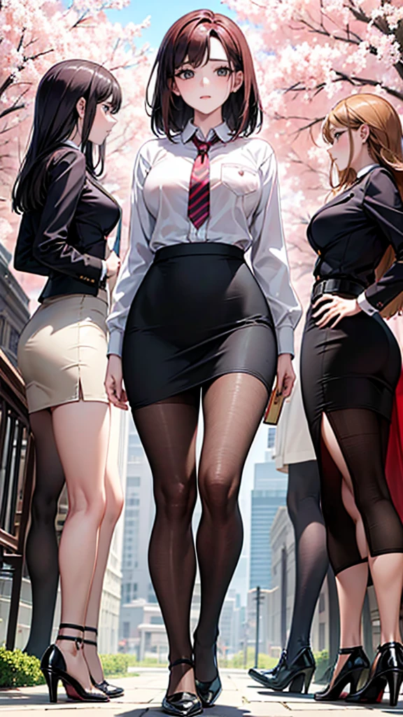 masterpiece, best quality,4 Girls,Young Girls, Plum_Pie Eyes, Brown, choppy bob,envious _Face,Glowing skin,Medium breasts,Beautiful leg lines:1.3,Thick thighs, Thin waist,Uniforms, High Leg Raise,tie,((Pencil Skirt)),Red high heels,   Pantyhose, , way_lining_and_bloom_cherry_flowering_Trees,,Looking at the audience,From below,whole body, legupsexms,