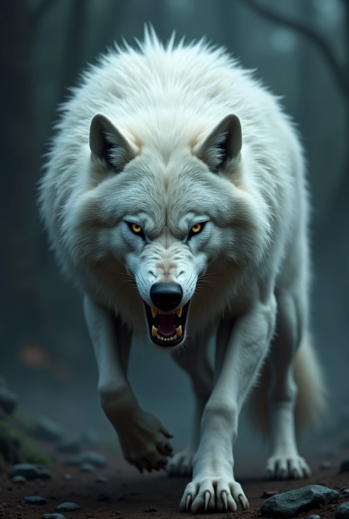 a white wolf, angry wolf, wild wolf, furious wolf, snarling wolf, growling wolf, glaring wolf, animal portrait, animal character, animal fantasy, fantasy creature, digital art, concept art, cinematic lighting, dramatic lighting, moody lighting, dark atmosphere, gloomy atmosphere, dramatic contrast, chiaroscuro, (best quality,4k,8k,highres,masterpiece:1.2),ultra-detailed,(realistic,photorealistic,photo-realistic:1.37),professional, detailed fur, detailed eyes, detailed facial features, powerful muscles, sharp teeth, claws, menacing, aggressive, fierce, intimidating, intense expression, dangerous, wild, predatory, intense, powerful, impressive, striking, cinematic, epic, dramatic