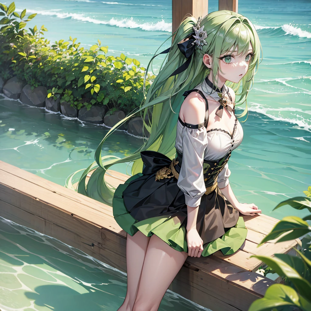 1 Girl, Solitary, Hair accessories, Green Hair, Double tail, Long hair, skirt, water