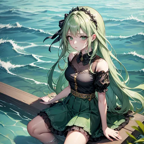 1 girl, solitary, hair accessories, green hair, double tail, long hair, skirt, water