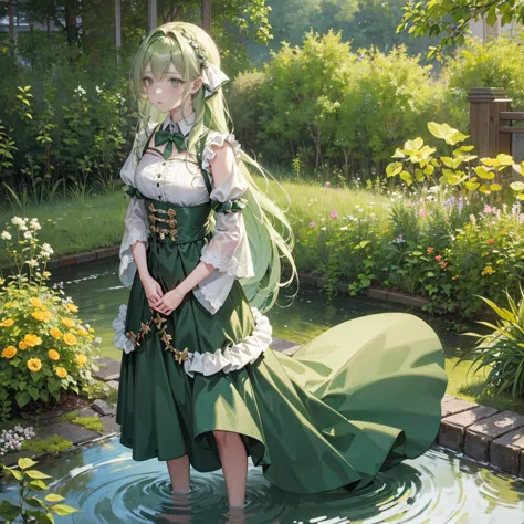 1 girl, solitary, hair accessories, green hair, double tail, long hair, skirt, water